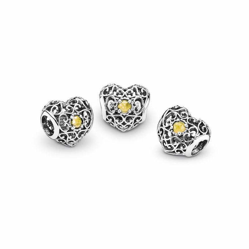 Pandora November Signature Heart Charm - Sterling Silver/Yellow/Citrine - Canada | VU7812UJ